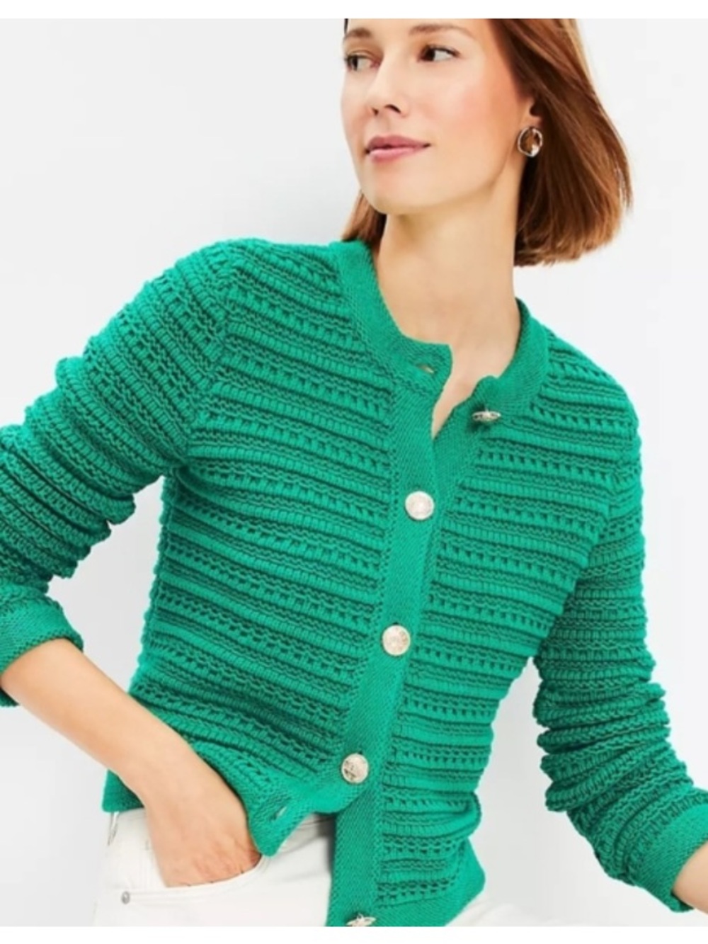 Ann Taylor LOFT Chunky Pointelle Knit Crewneck Button Cardigan Sweater Green XS